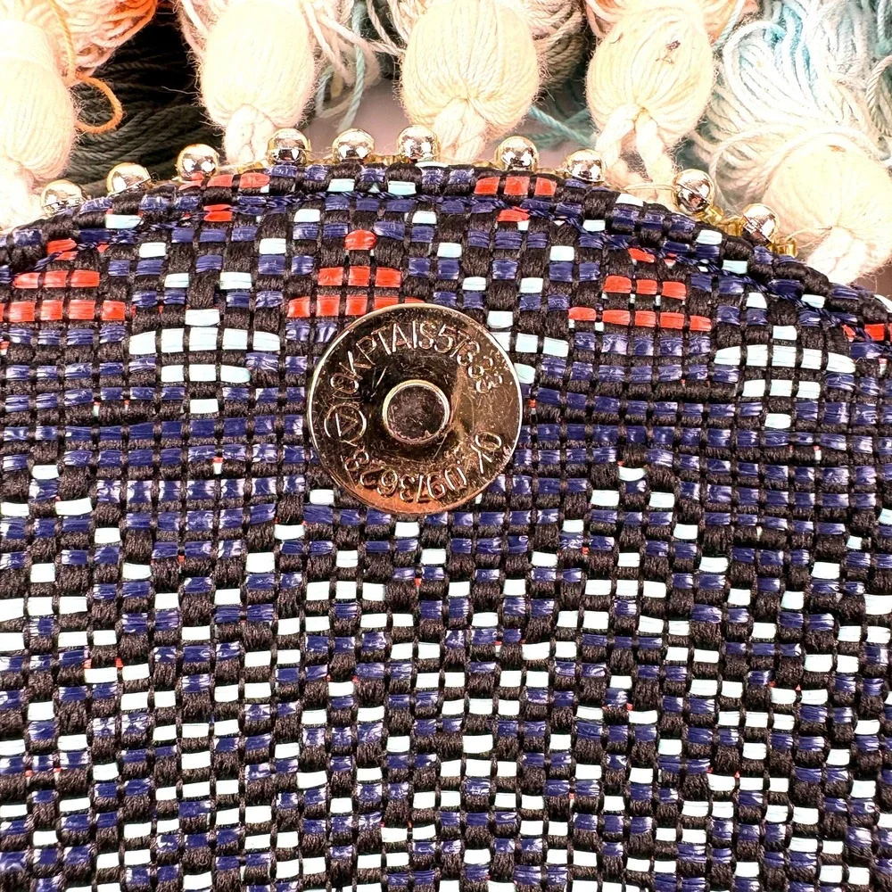 Steve Madden Josa Tassel & Bead Clutch Navy Coral Turquise Metal Strap Boho Fest